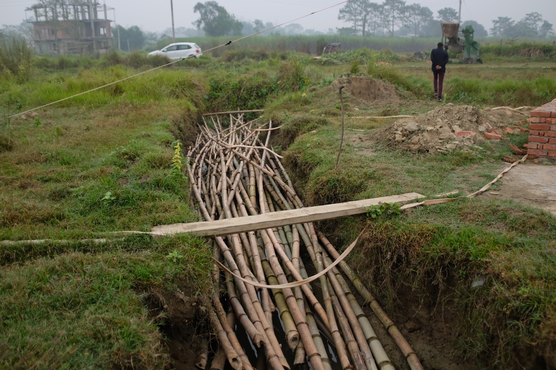 Soaking bamboos for the outdoor kitchen building.